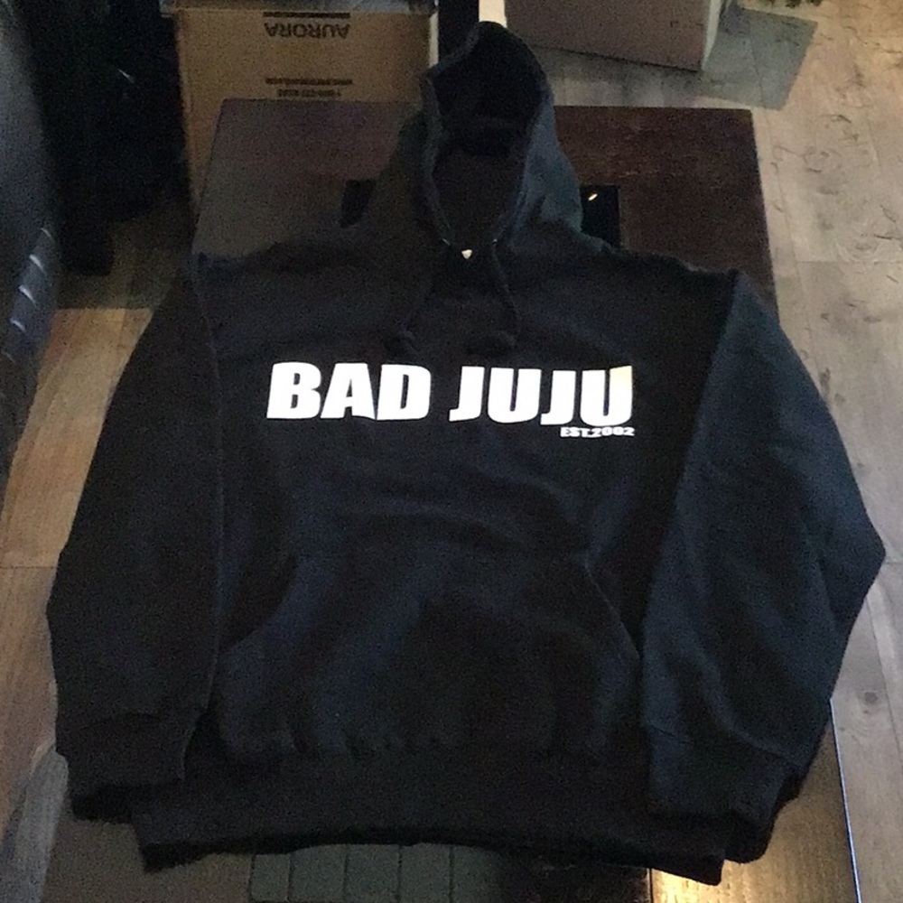 The brand is bad juju,colors are black and white,sizes small, med.,large,x-large